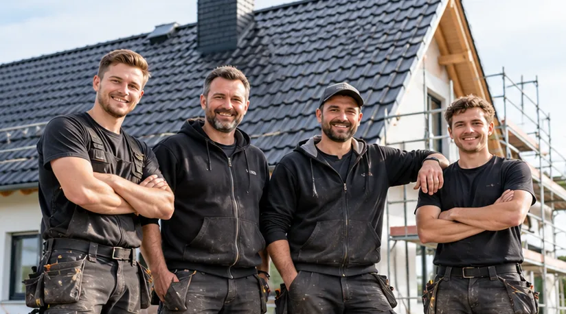 Dachdecker-Team vor einem Haus