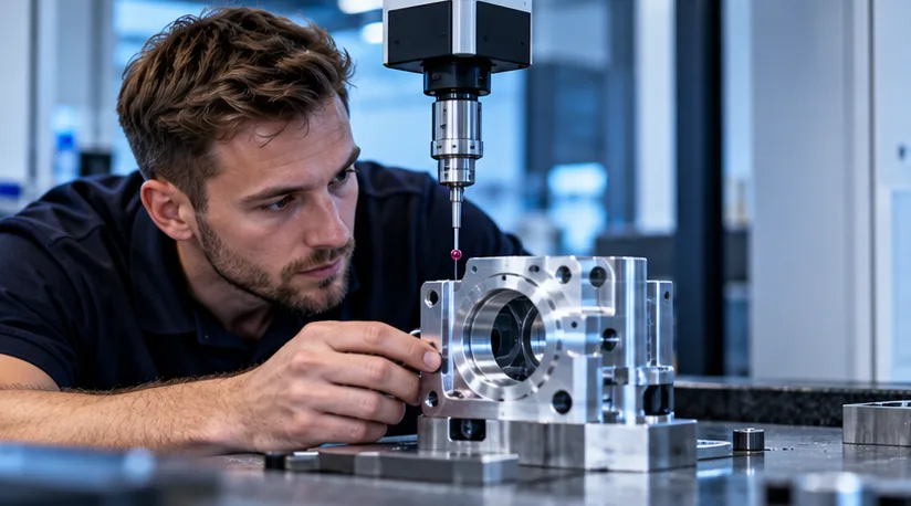 Ingenieur prüft ein Bauteil an der Messmaschine