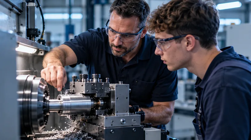 Ausbilder mit Azubi an der Drehmaschine