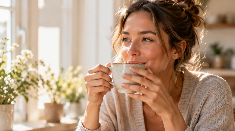 Frau trinkt Kaffee am Fenster