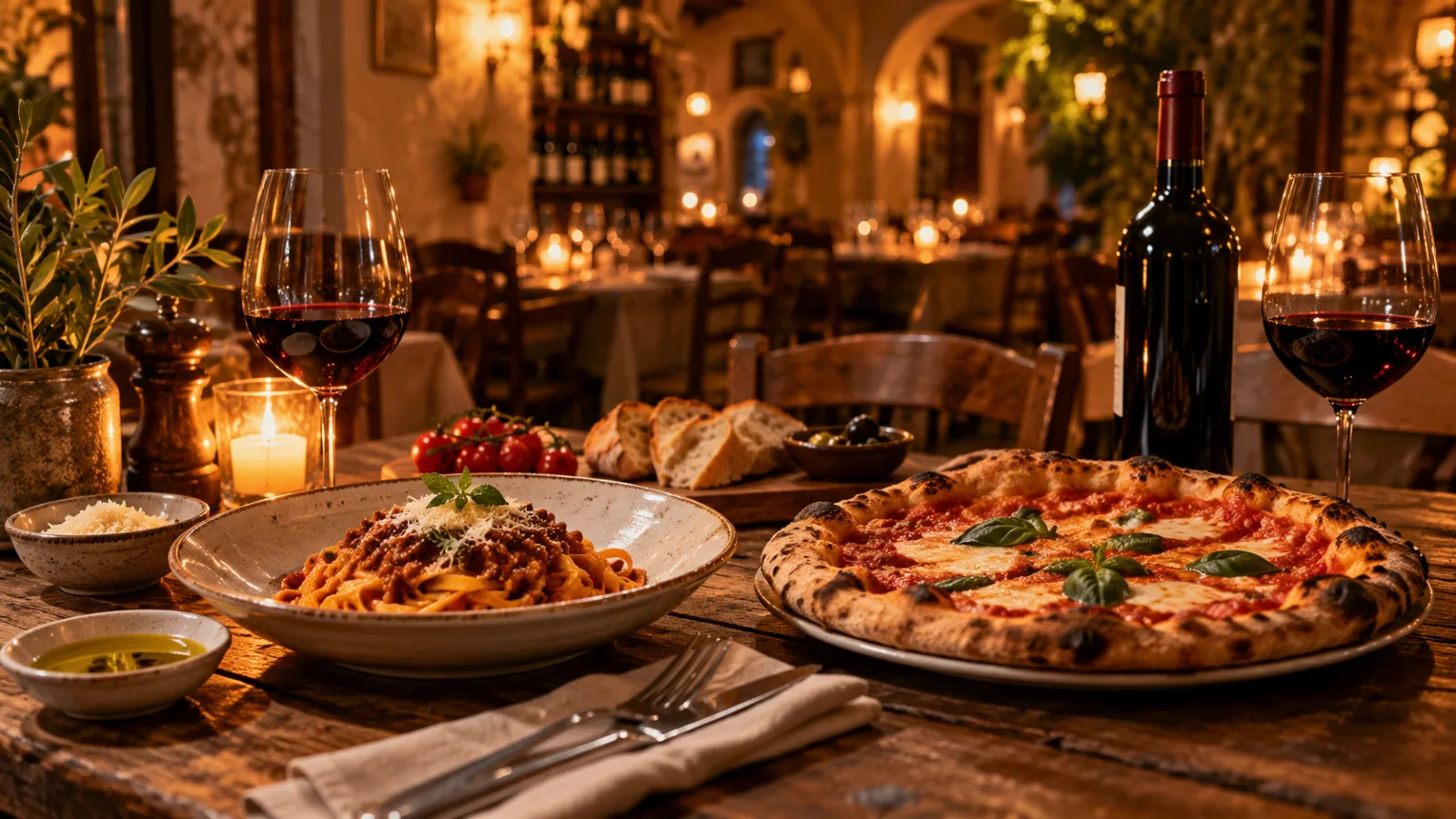Italienische Pasta und Pizza in einer Trattoria