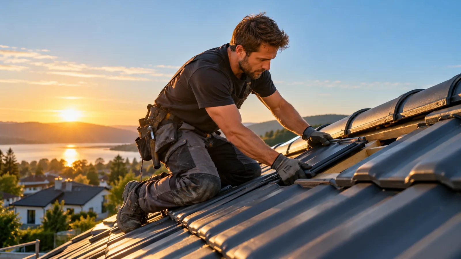 Dachdecker arbeitet auf einem Steildach