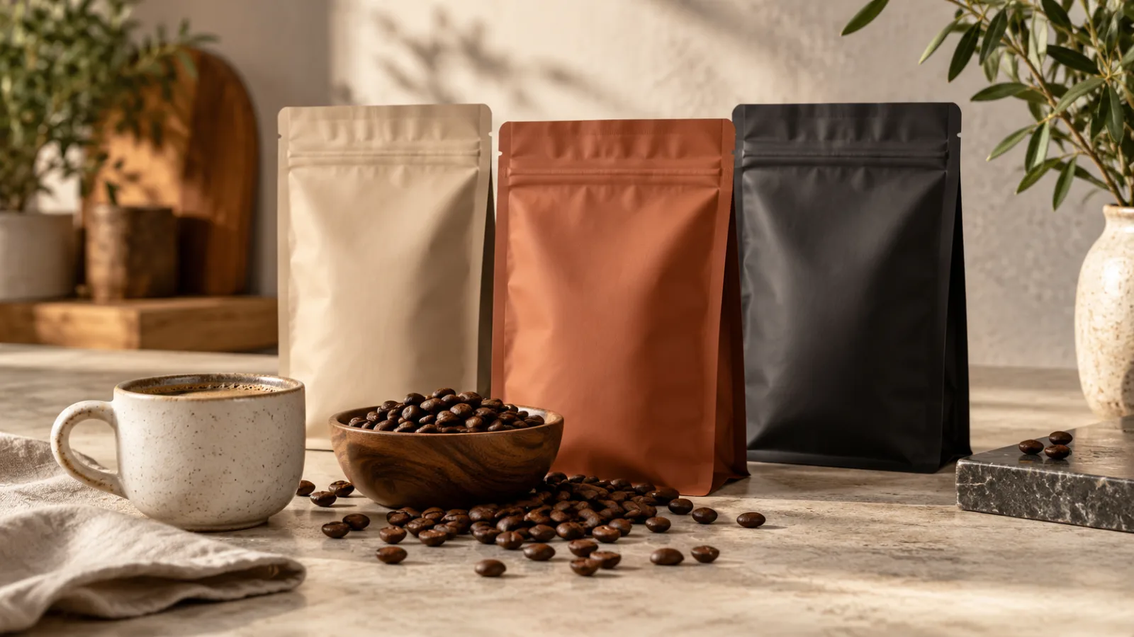 Kaffeebeutel und Kaffeebohnen als Produktfoto