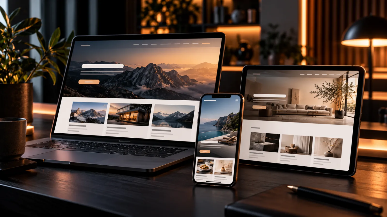 Laptop, Tablet und Smartphone mit modernen Webseiten-Designs